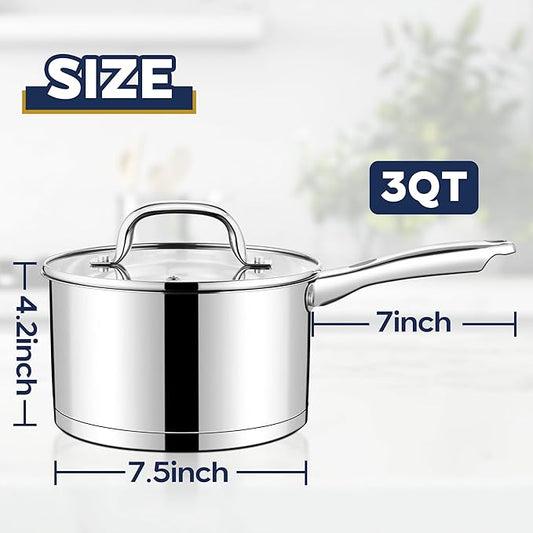 LIANYU Stainless Steel Saucepan, 3 Quart Sauce Pan with Visible Lid, Triply Induction Small Sauce Pot for Kitchen Cooking, Boiling, Compatible with All Stoves, Oven & Dishwasher Safe