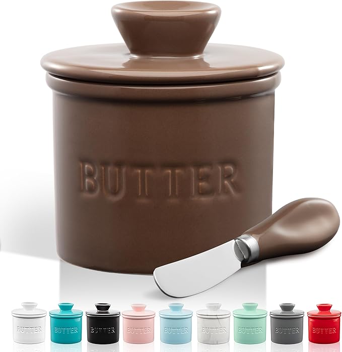 Zulay Kitchen Butter Crock With Lid & Spreader Knife for Countertop - Ceramic French Butter Dish Keeper For Fresh & Spreadable Butter - Coffee