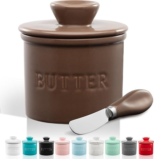 Zulay Kitchen Butter Crock With Lid & Spreader Knife for Countertop - Ceramic French Butter Dish Keeper For Fresh & Spreadable Butter - Coffee