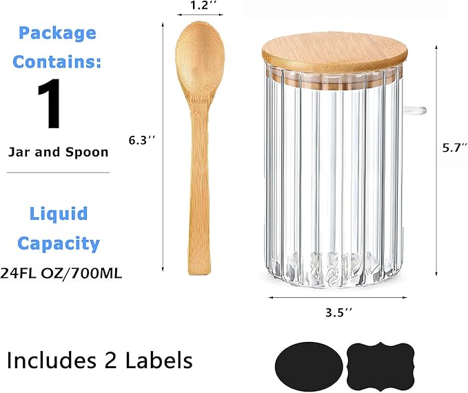 24 FL OZ Airtight Glass Jar with Bamboo Spoons Lids Overnight Oats Container Decorative Coffee Bar Food Storage Jar Cereal Nuts Salts Coffee Tea Flour Sugar Container Spice Jar