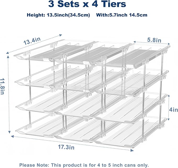 Can Organizer For Pantry,3 Sets 4 Tiers Pantry Organizers And Storage, Pantry Organizer for Fridge 36 Standard and Tall Cans Rack Automatic Rolling Stackable Canned Food Organizer, Clear