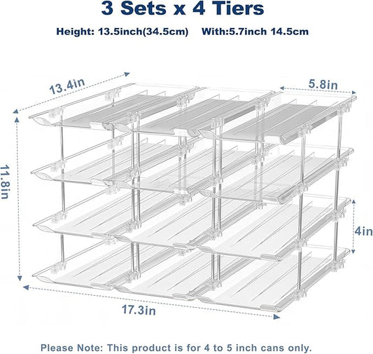 Can Organizer For Pantry,3 Sets 4 Tiers Pantry Organizers And Storage, Pantry Organizer for Fridge 36 Standard and Tall Cans Rack Automatic Rolling Stackable Canned Food Organizer, Clear