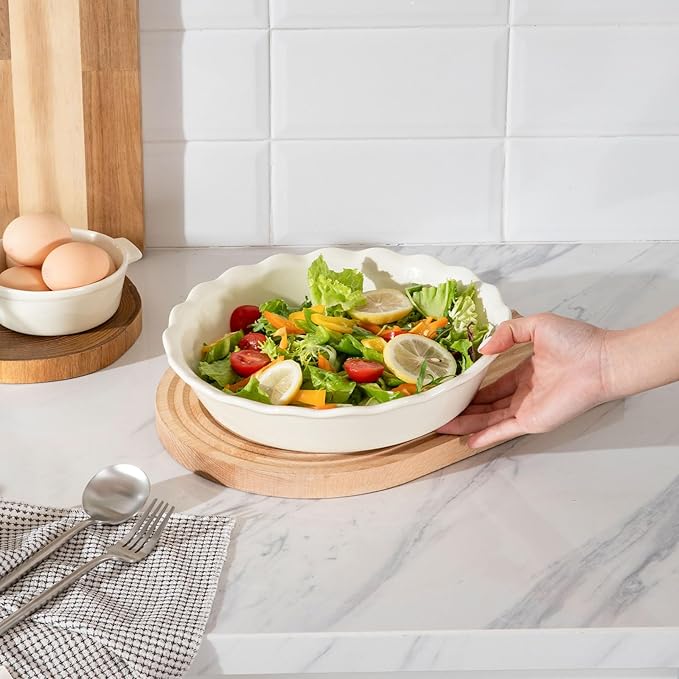 Sweejar Ceramic Pie Pan for Baking, 10 Inches Round Baking Dish for Dinner, Non-Stick Pie Plate with Soft Wave Edge for Apple Pie, Pumpkin Pie, Pot Pies (Beige)