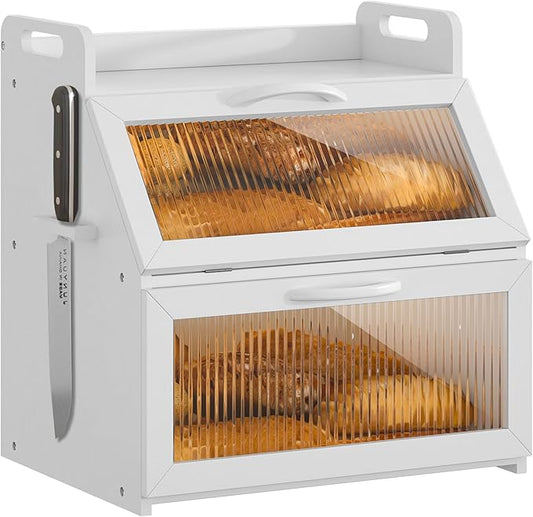 Bread Box, Bread Box for Kitchen Countertop, Large Bread Storage Container for Homemade Bread, Wooden Farmhouse Breadbox Organizers, Double Layer Bread Bin with Acrylic Window Bread Holder,White