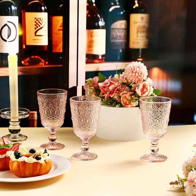 Eaasty Wine Glasses Set of 6 Vintage Goblet 9 oz Vintage Colored Glass Goblet Beverage Stemmed Glass Cups Romantic Embossed Glassware for Wedding Party Holidays Anniversary (Pink)