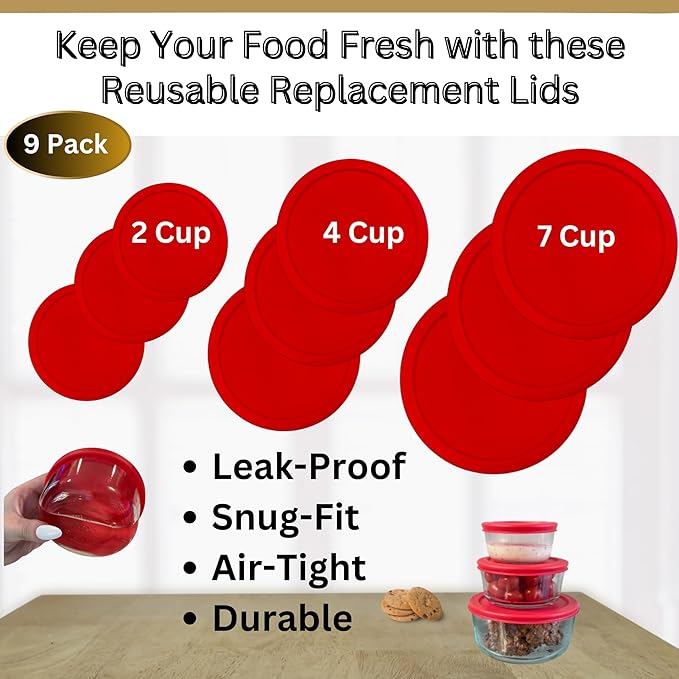 2, 4 & 7 Cup Red Replacement Lids/Covers for Pyrex, Anchor Hocking & KlareWare Storage Bowls *Lids Only Glass Container Not Included* (9 Pack *Three of Each Size*)