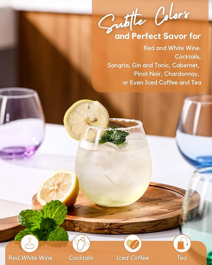 ColoVie Stemless Wine Glasses Set of 6, Large Colored Wine Glasses, Short Wine Glass Set for Red Wine, White, Red, No Stem Margarita Glasses, 15 oz