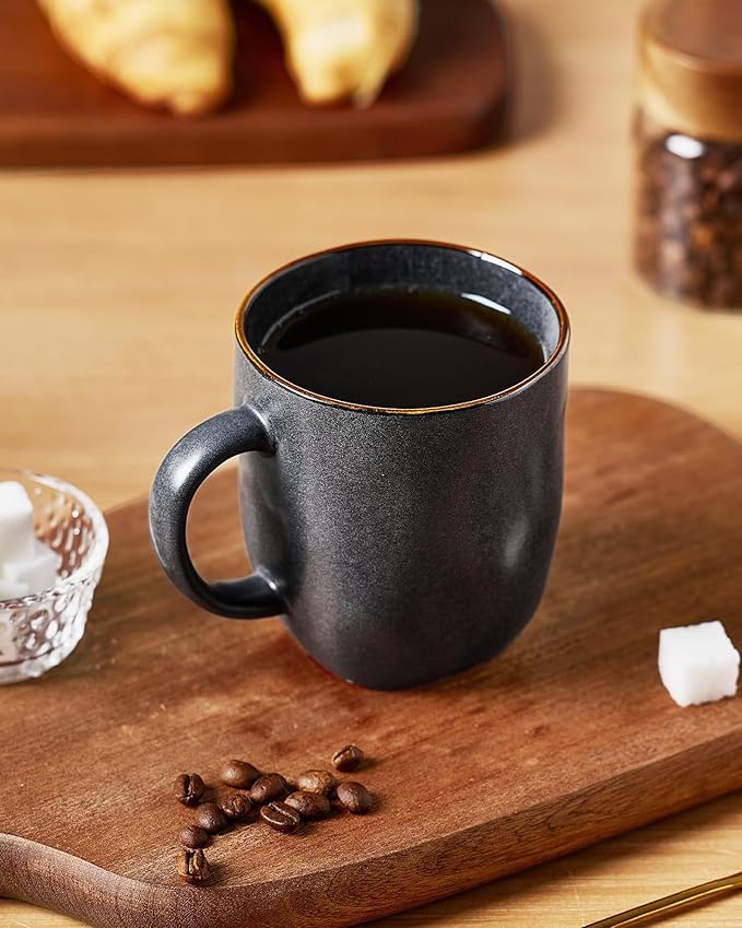 famiware Coffee Mugs Set of 4, Ocean Square 13oz Coffee Cup Set with Handle for Cocoa, Milk, Hot Chocolate, Tea, Water, Stoneware Cups for Kitchen, Microwave and Dishwasher Safe, Matte Black