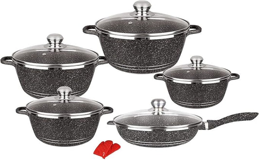 10-Piece Nonstick Cookware Set – Granite & Marble Coated Pots & Pans with Glass Lids, Frying Pan, Saucepans, Stock Pot – Premium Black Kitchenware for Easy Cooking