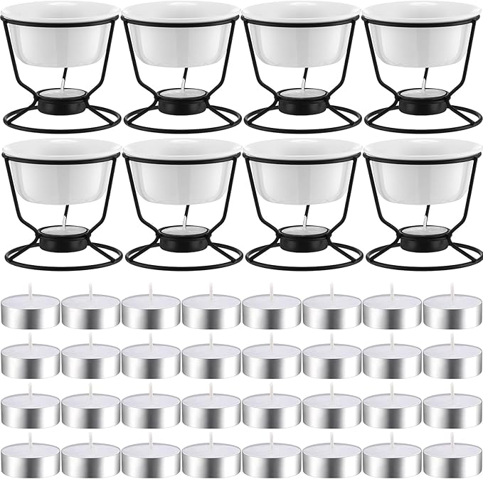 40 Pcs Ceramic Butter Warmers for Seafood Set 4.7oz 8 Pcs Butter Warmer with 32 Tealight Candles for Chocolate Cheese Fondue Melting, Dishwasher Safe, Microwave Safe, Oven, White
