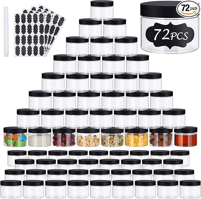 72 PCS 4 OZ Plastic Jars with Screw On Lids,Labels Refillable Empty Round Slime Cosmetics Containers for Storing Dry Food, Honey Jam, Cream, Butter, Lotion, black