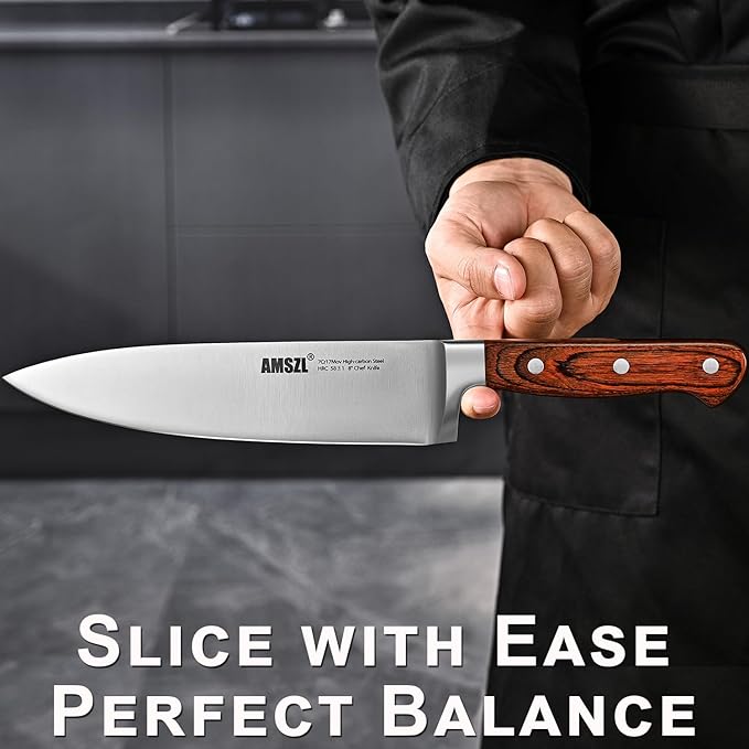 Classic 8-inch Chef Knife, Ultra-sharp Precision Cutting for Vegetables and Meat, Professional 7Cr17MoV Steel Core & Red Pakkawood Handles, German Design for Kitchen and restaurant with Gift Box