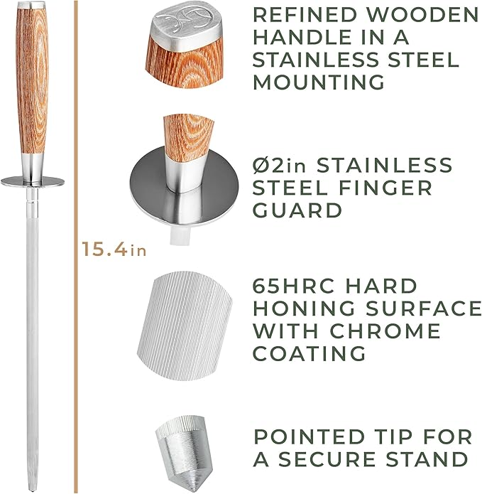 WALDWERK Premium Honing Rod - Honing Steel Made of Hardened Steel with Elegant Wooden Handle - 100% Plastic-Free Sharpening Steel for - Kitchen Knife Sharpener - Knife Sharpeners for Kitchen Knives