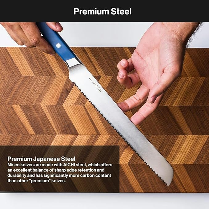 Misen Serrated Bread Knife – High-Carbon Japanese AUS8 Steel – Effortless Slicing of Bread, Pastries, and Fruits – Razor-Sharp Edge and Durable Blade with Ergonomic Handle - 8", Black