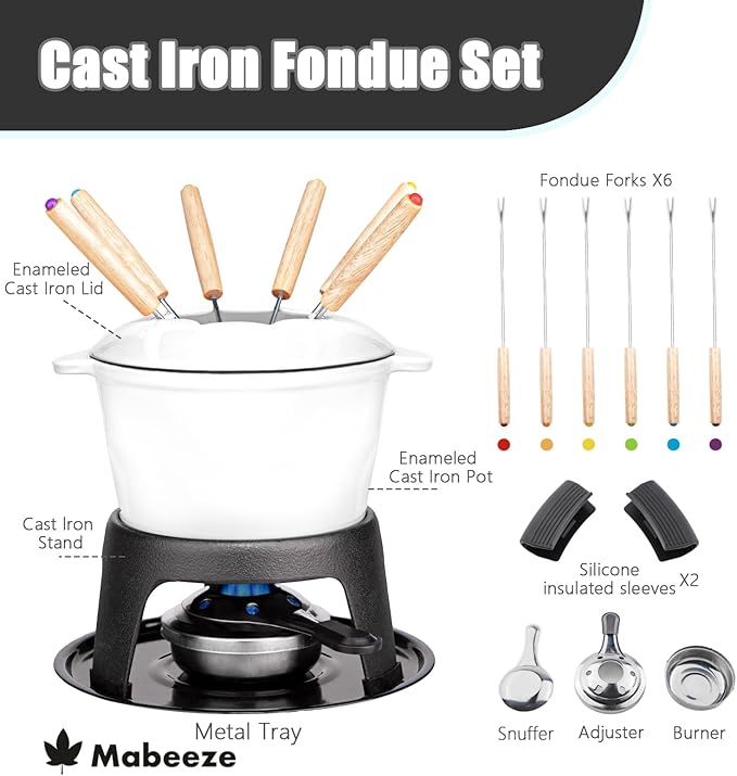 Mabeeze Cast Iron Fondue Pot Set for Cheese, Chocolate or Meat - White Enameled 1.6 Qt Pot - Includes 6 Fondue Forks