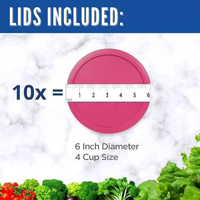 Replacement Lids for Pyrex 4-Cup Glass Food Storage Container Bowls, 6-Inch Plastic Round Lids Covers fits Pyrex 7201-PC, Airtight & Leakproof (10-Pack, Fuchsia)