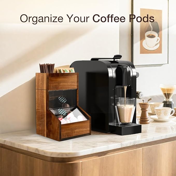 Acacia Wood Coffee Pod Holder, Convenient K Cup Organizer with Clear Window, Coffee Pod Organizer with Top Removable Dividers