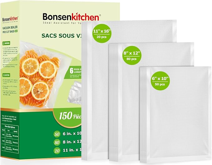 Bonsenkitchen Precut Vacuum Sealer Bags, 20 Gallon 11" x 16"+ 80 Quart 8" x 12"+ 50 Pint 6" x 10", Commercial Grade, BPA Free, Food Sealer Bags for Vac Storage, Meal Prep or Sous Vide Cooking, VB15