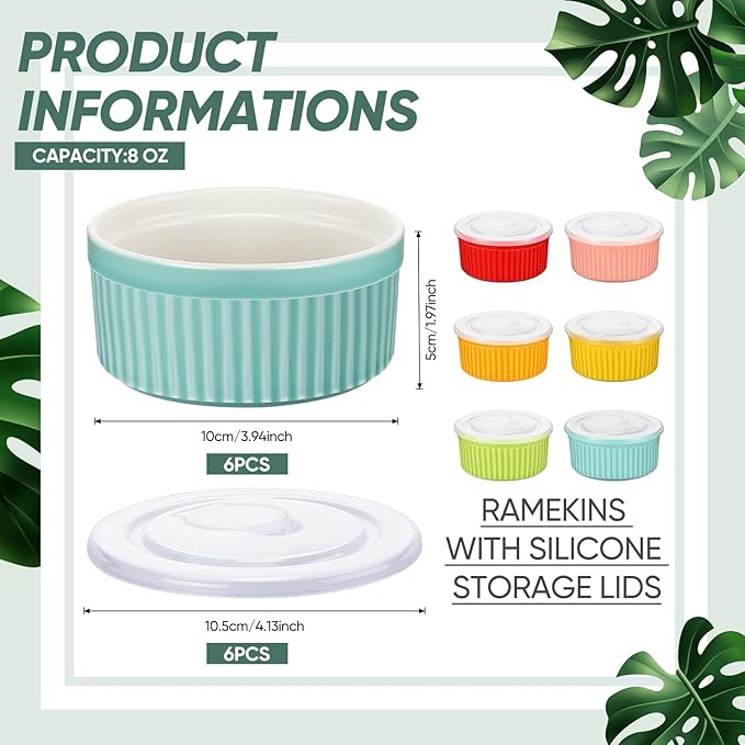 6 Sets Porcelain Ramekins with Lids 8 Oz Oven Safe Creme Brulee Souffle Ramekins with Covers for Oven Stackable Ceramic Bowl with Lid Baking Dishes Cups for Baking(Multi Colors)
