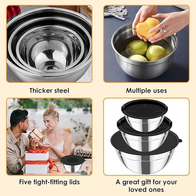 Mixing Bowls with Lids Set of 3,Stainless Steel Mixing Bowls with 3 Grater Attachments,Metal Nesting Salad Bowl for Cooking,Prepping, Serving Food,Stackable Design,Size 4.5/2.5/1.5 QT (Black)