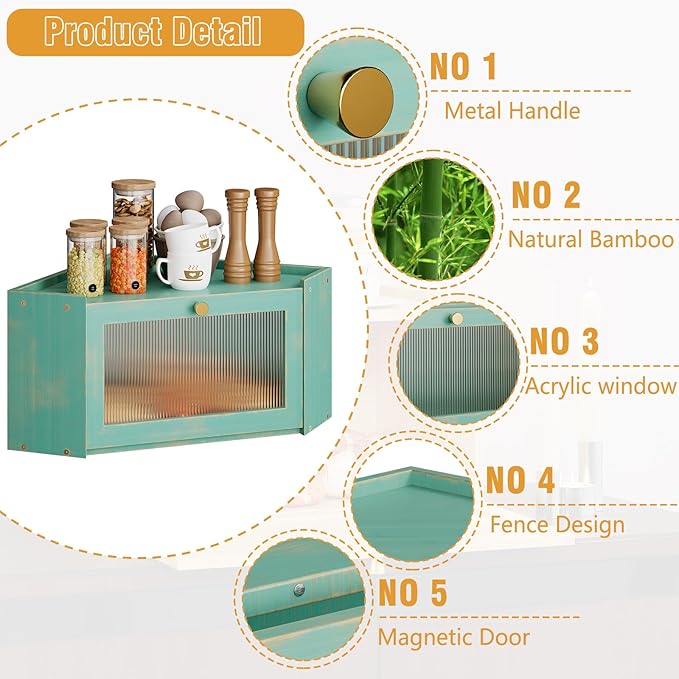 Corner Bamboo Bread Box for Kitchen Counter Large Capacity Rustic Bread Storage Container with Wavy Arcylic Transparent Door Vintage Storage for Homemade Bread (Antique Blue)