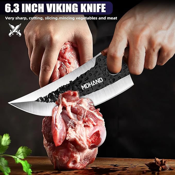 MDHAND Butcher Knife Set, 4PCS Butcher Cleaver Knife Set for Meat Cutting, Hand Forged Viking Knives Sets with Meat Cleaver, Heavy-Duty Kitchen Knives Sets for Bone BBQ Vegetable, Knives Gift for Men