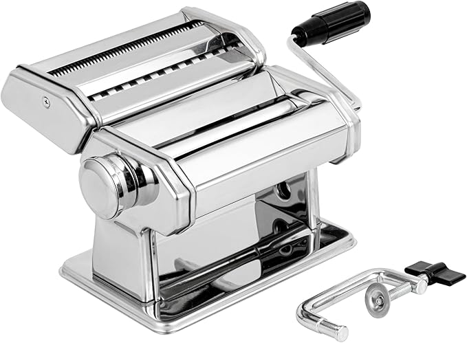 Met Lux Pasta Maker Machine, 1 Pasta Maker With 2 Cutter Attachments - 9 Adjustable Thickness Settings, 5 Piece Set, Stainless Steel Manual Machine, For Fettuccine, Spaghetti