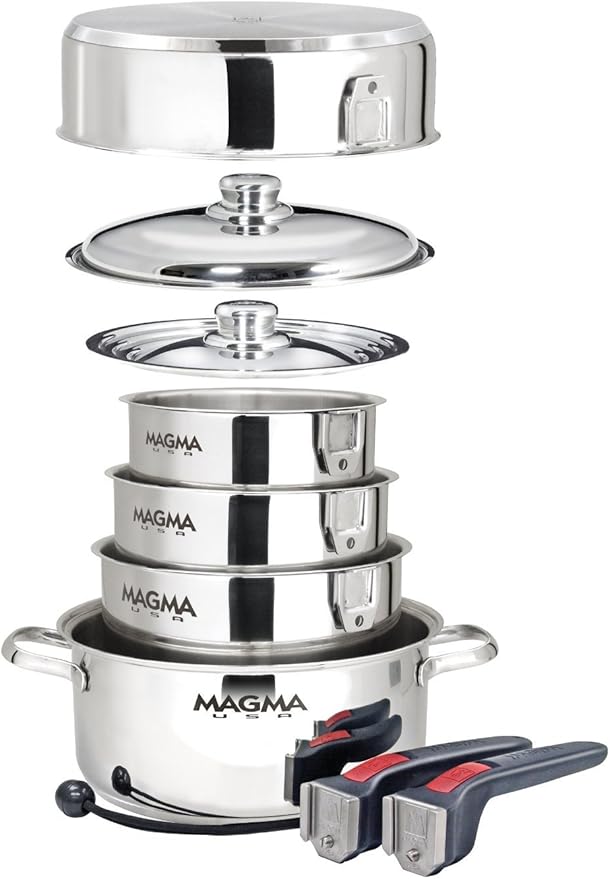 Magma 10 Piece Gourmet Nesting Stainless Steel Cookware Set, Induction Compatible, Oven Safe to 500°F - Suitable for All Stovetops, Removable Handles, Silver