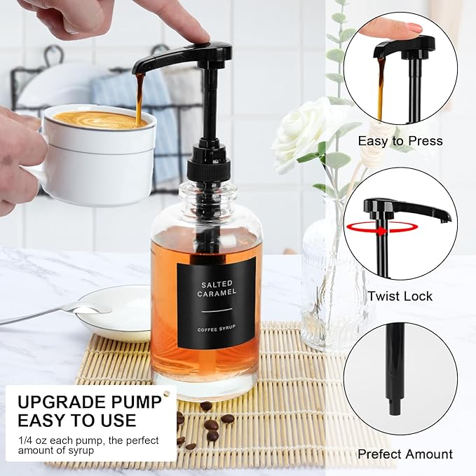 Coffee Syrup Dispenser for Coffee Bar, Glass Syrup Dispenser with Pump, Coffee Syrup Pump Dispenser Bottle with Tray, Spoon for Coffee Station, Coffee Bar Organizer, Black,16.9 oz, 500 ml