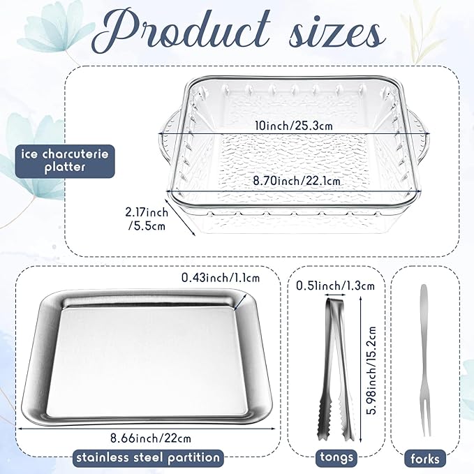 Baderke 9" Chilled Serving Tray for Parties with Compartments Ice Chilled Party Platter Charcuterie Serving Board Cold Dish Dip with Forks Tongs for Fruit Seafood Vegetable Appetizer(Silver,2 Set)