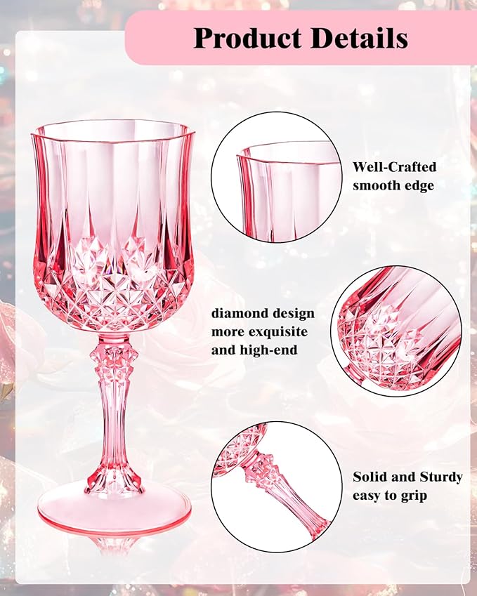 Ciaell 24PCS Pink Plastic Wine Glasses - 7 Oz Plastic Goblets for Party - Pink Vintage Drinking Glasses - Disposable Water Goblets Set for Wedding, Bar, Wine, Beer, Juice, Cocktail, Whiskey