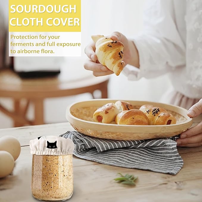 Cute Black Cat Sourdough Starter Jar Covers Reusable,Breathable Fabric Lids for Mason Jars,Wide Mouth and Regular Mouth(5 Pack)
