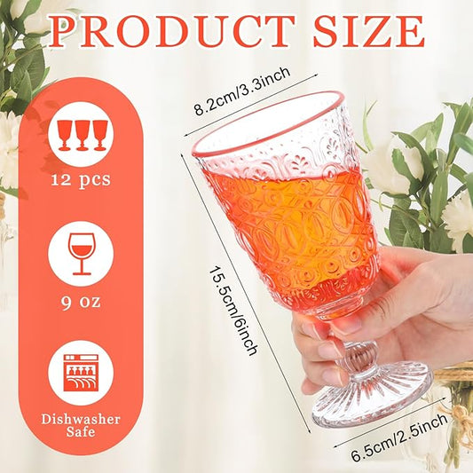 Eaasty Wine Glasses Set of 12 Vintage Goblet 9 oz Vintage Colored Glass Goblet Beverage Stemmed Glass Cups Romantic Embossed Glassware for Wedding Party Holidays Anniversary (Clear)
