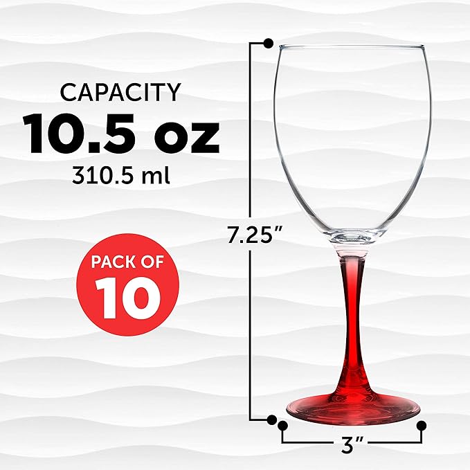 DISCOUNT PROMOS Nuance Wine Glasses by ARC 10.5 oz. Set of 10, Bulk Pack - Restaurant Glassware, Perfect for Red Wine, White Wine, Cocktails - Red