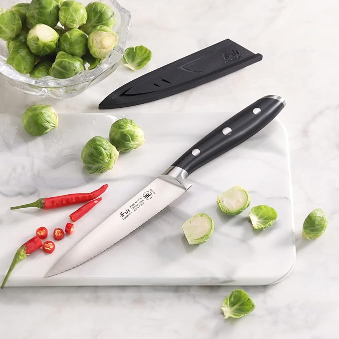 Cangshan ALPS Series 502759 German Steel Forged 5-inch Serrated Utility Knife with Sheath, Black