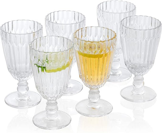 Vintage Embossed Glass Chalice Goblets 𝟴.𝟴 𝙤𝙯. Set of 6 Clear Stemmed Drinking Glassware for Iced-tea, Juice, Cocktail, Beverage for Wedding and Party.