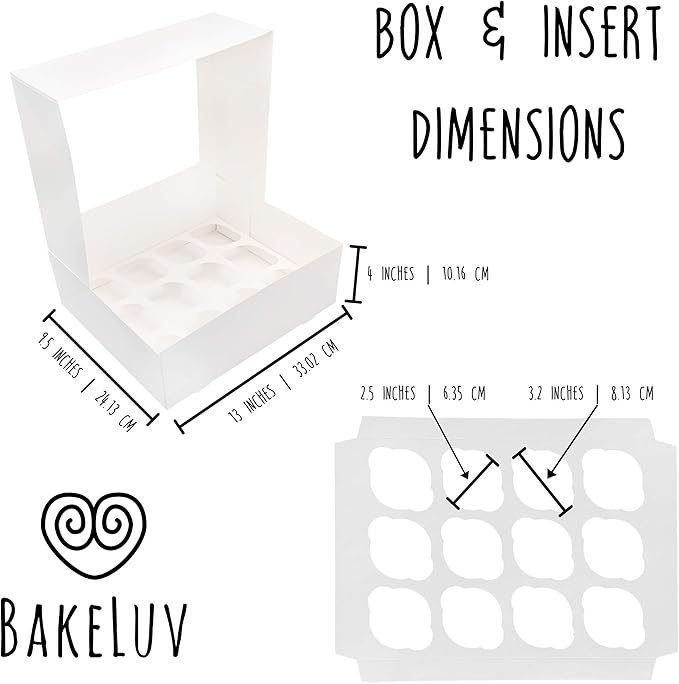 BAKELUV White 12 Cupcake Boxes, Cupcake Containers | 13x9.5x4, 50 Pack