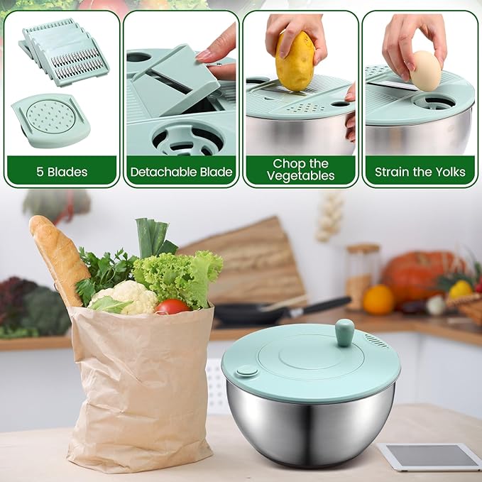 LemonRoad Stainless Steel Salad Spinner Large, Vegetables Fruits Washing Bowl, Fruits Lettuce Dryer with 5 Blade Slicer Egg Yolk Strainer Shredder for Kitchen Efficient Salad Preparation, 5.3 Qt