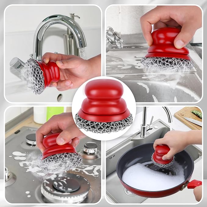 Onewly Cast Iron Scrubber and Scraper, Chain Mail Scrubber Cast Iron for Cleaning Dishes, Stock Pots, Pans, Griddles, Grills, Dish Scouring Pads