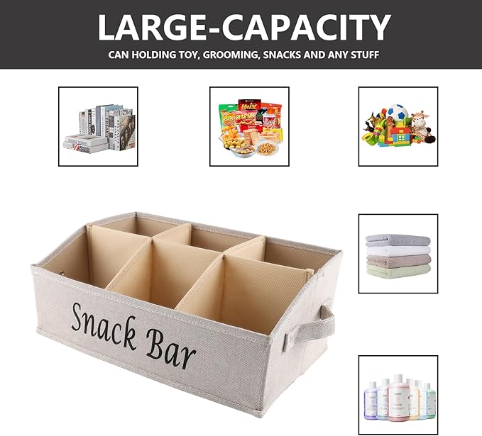 Snack Organizer for Countertop, Fabric Snack Organizer with Handles, 6 Compartment Snack Box Container Snack Basket, Snack Bar Station, Kitchen Pantry Organization and Storage - Khaki