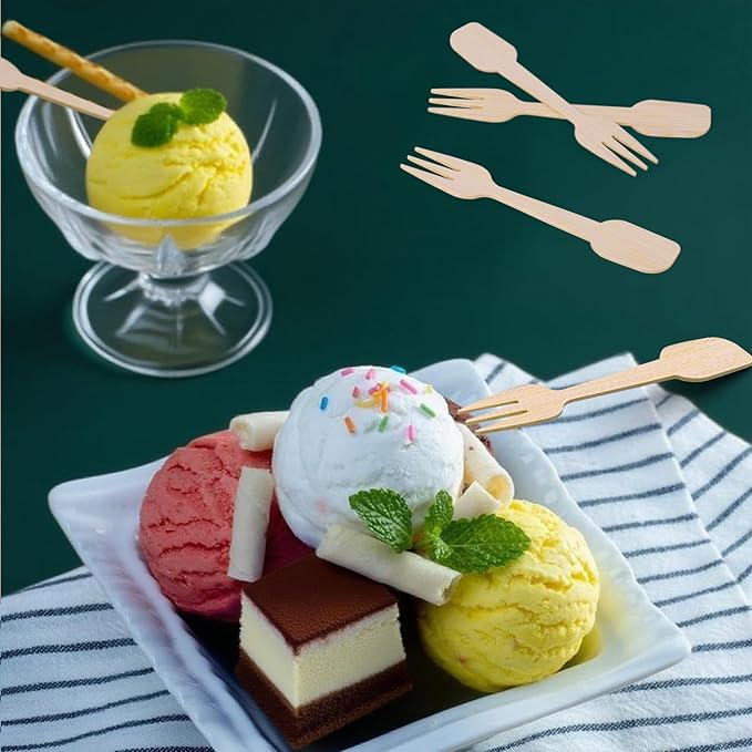 200 Bamboo Fork and Spoon 2 in 1, 4.72" Disposable Forks Spoons Combo Composatable Utensils for Charcuterie, Desserts, Appetizers, Snacks, Ice Cream, Small/Mini/Little Cutlery for Parties/Wedding