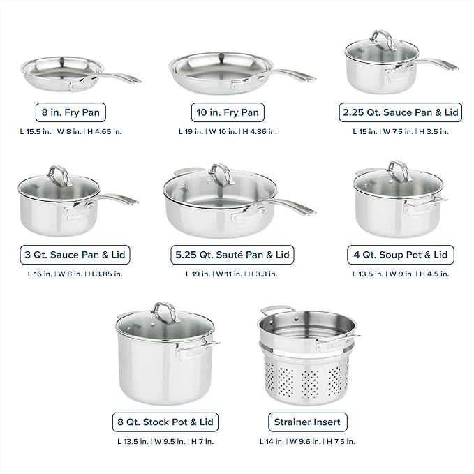 Viking 3-Ply Pots and Pans Set, 13 Piece Stainless Steel Cookware, Glass Lids, Strainer, Silver