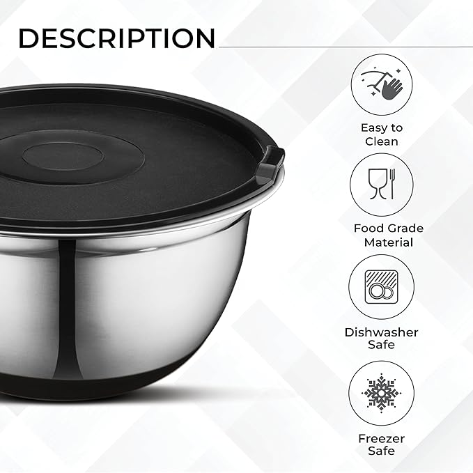 AVADOR Premium Brushed Stainless Steel Mixing Bowls Sets, Easy To Clean, Space Saving, Great for Cooking, Baking, Prepping Needs 0.25qt, 1qt, 1.5qt, 3qt, 5qt (9 pc Anti Slip with Lid and Graters)