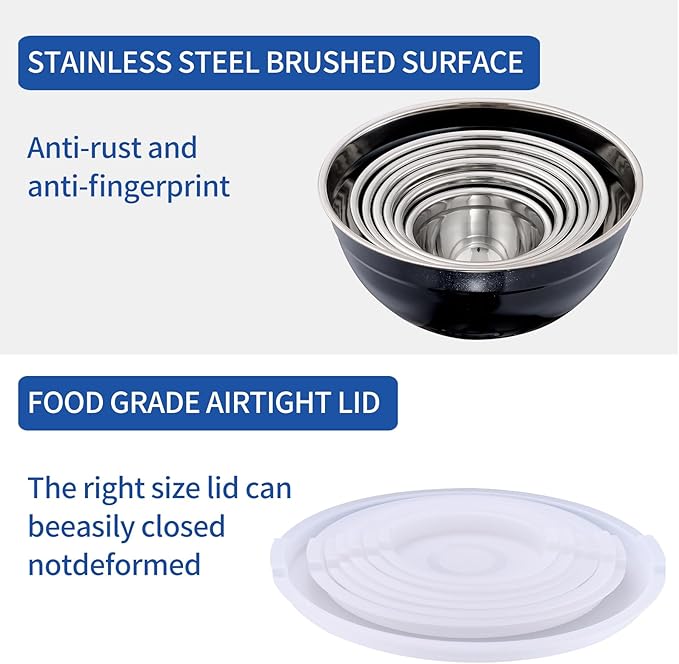 Black Mixing Bowls with Airtight Lids, Stainless Steel Nesting Mixing Bowls Set of 7, Ideal for Baking, Prepping and Serving Food, Size 7, 3.6, 2.7, 2.1, 1.5, 1.1,0.8 QT, Stackable Design