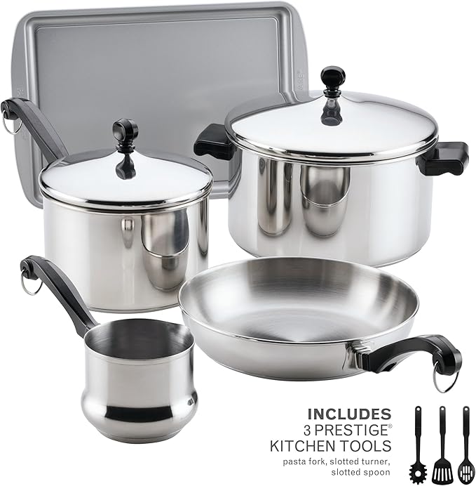 Farberware Classic Series Stainless Steel Pots and Pans with Baking Sheet Pan, Cooking Tools, and Lids, Induction Ready, Dishwasher Safe, 10 Piece Cookware Set, Metal Utensil Safe - Stainless Steel