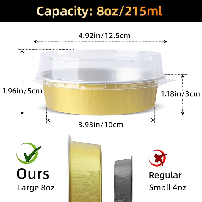 Beasea Mini Pie Tins with Lids, 120 Pack 4 Inch 8oz Disposable Creme Brulee Ramekins Golden Mini Small Aluminum Foil Pie Tart Cake Baking Pans Individual Round Containers Oven Safe for Baking