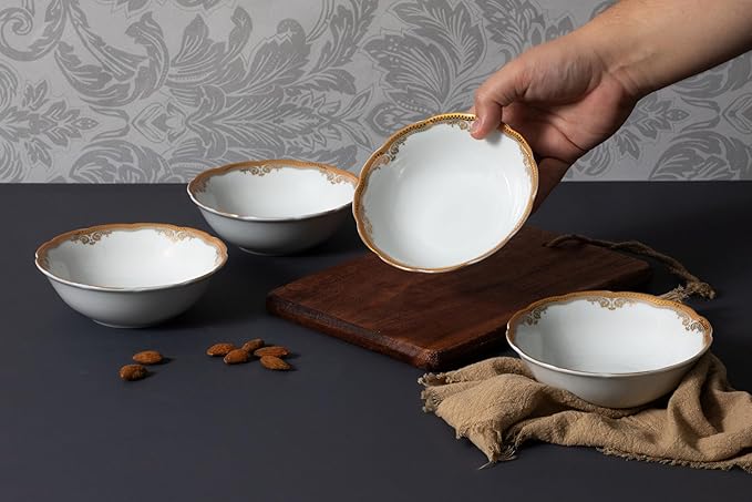 32 Piece Dinnerware Sets for 8 – Elegant Porcelain Plates, Bowls – White and Gold Floral Vintage Design Dishware for Kitchen Table, Formal Dining or Everyday Use (Floral Gold)