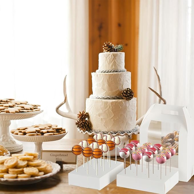 Cake Pop Boxes - 12 Pcs Portable Candy Boxes with Clear Window & 18 Holes Tall Display Carriers for Lollipops, Candy Pops (White)