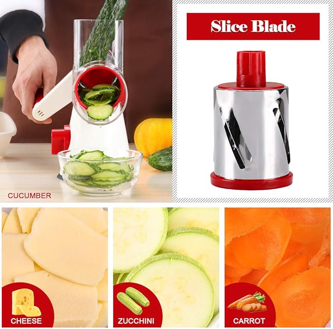 Ourokhome Rotary Cheese Grater Hand Crank, Kitchen Shredder Speed Mandolin Slicer Nuts Grinder with Handle and Drum Blades for Cheese, Vegetable, Chocolate, Potato, Carrot, 3 Blades, White Red