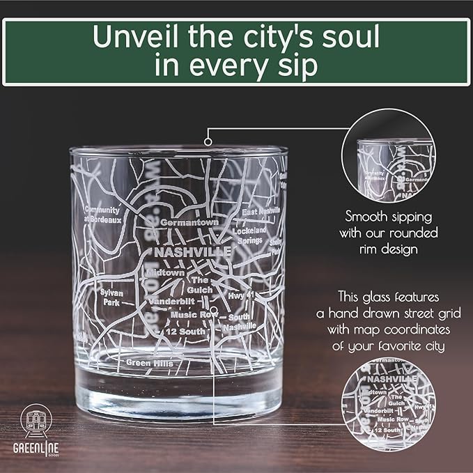 Greenline Goods Whiskey Glasses - 10 Oz Tumbler Gift Set for Nashville lovers, Etched with Nashville Map | Old Fashioned Rocks Glass - Set of 2